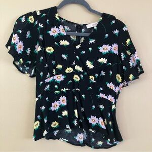 LOFT Black Floral Flutter Sleeve V-Neck Blouse